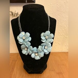 STATEMENT necklace Pastel Blue Acrylic Flowers Rhinestones Silver Tone Chain 9”